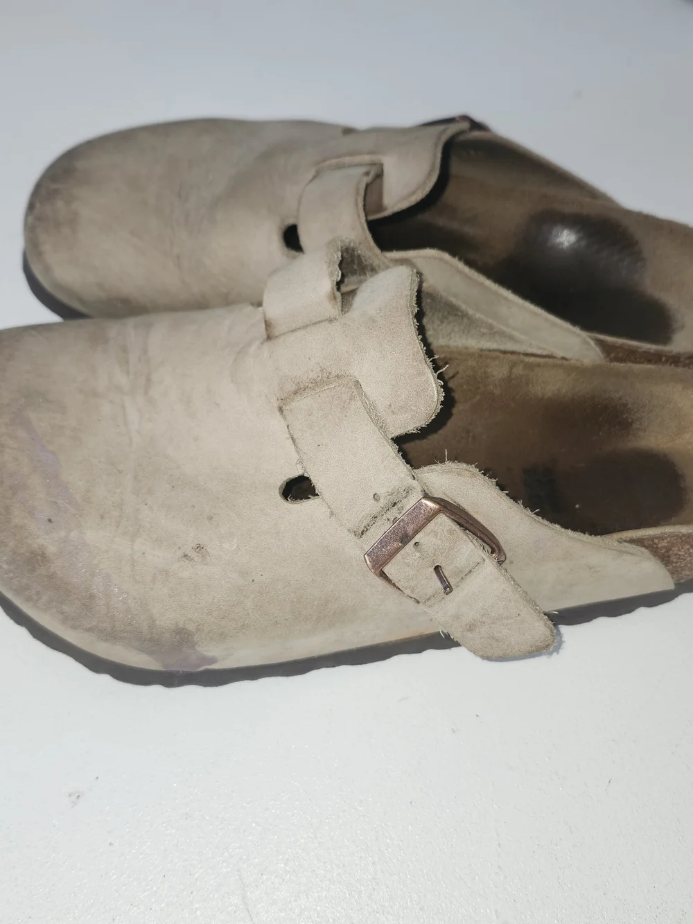 Birkenstock Beige Suede Boston Clogs with Rose Gold Buckles - Picture 3 of 5